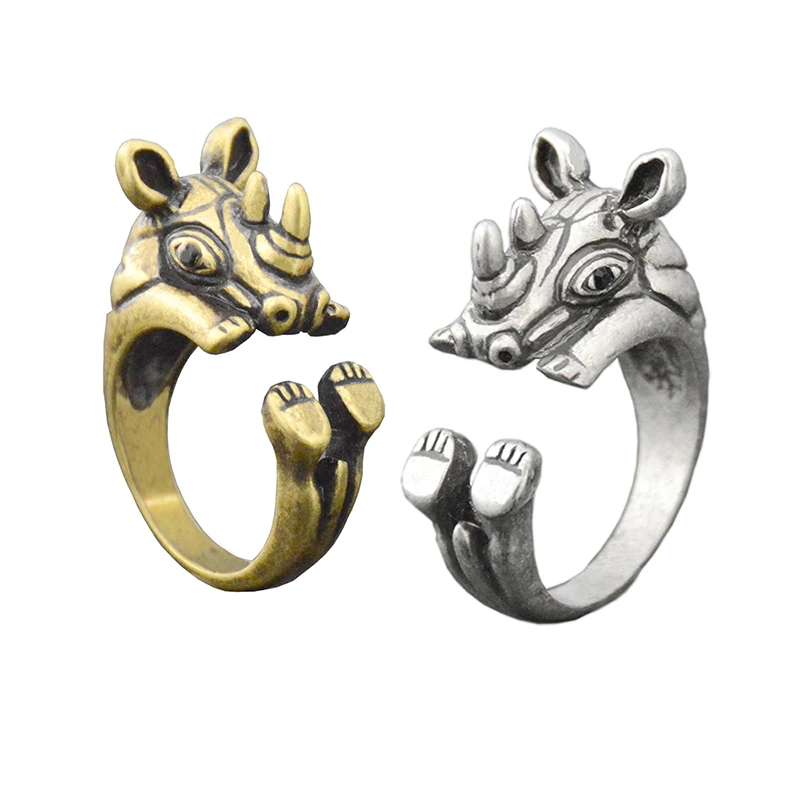 Vintage Silver Plated Hippie Rhino Musso Animal Ring Boho Brass Knuckle Rhinoceros Wrap Animal Rings For Men Women Fashion