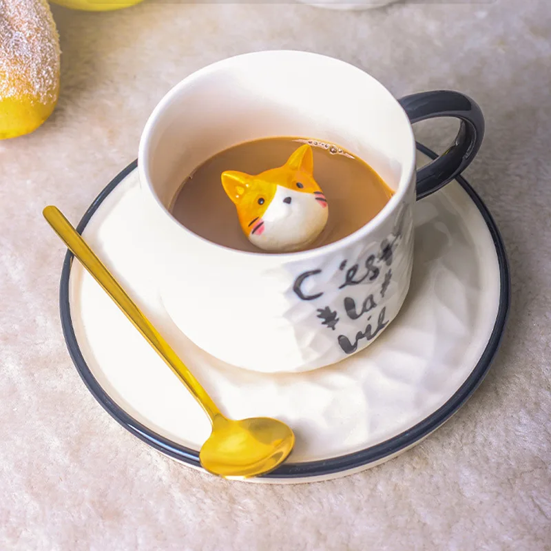 Creative Ceramics Mug with Spoon Tray Cute Cat Relief Coffee Milk Tea Handle Porcelain Cup Couple Water Cup Novelty Gifts