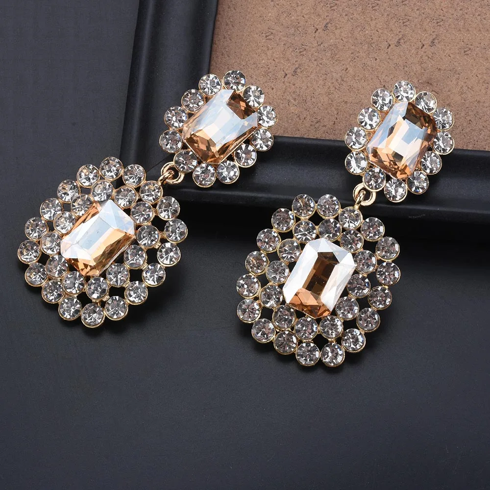 New Luxury Shining Crystal Drop Earrings for Women Gold Color Square Rhinestone Hanging Earring Wedding Fashion Jewelry brincos