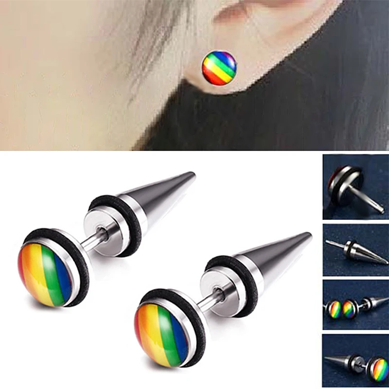 2pcs Rainbow Stud Earrings for Women Men Cartilage Fake Plug Tunnel Ear Piercing Tragus Helix Bar Stainless Steel Body Jewelry