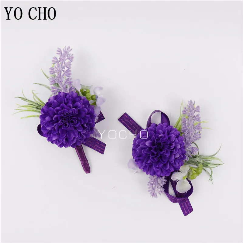 YO CHO Purple Bridesmaid Wrist Flowers Handmade Wedding Corsages and Boutonnieres Brooch Artificial Rose Bride Groom Boutonniere