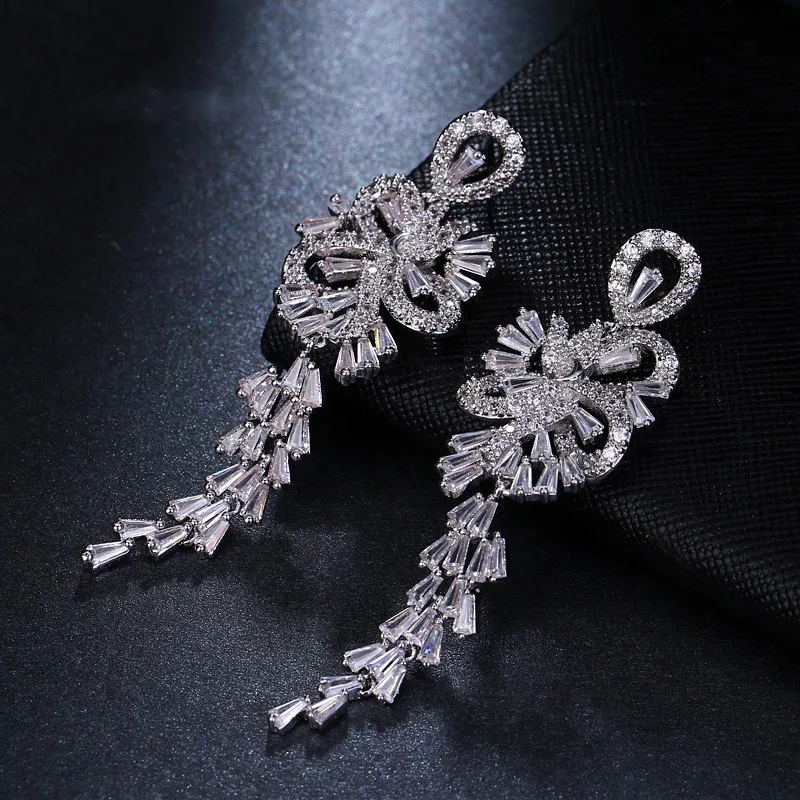 Ekopdee Luxury Charm Bridal Jewelry Dangle Wedding Long Earring Drop Cubic Zirconia Earrings Bling CZ Fashion Earrings 2021 INS