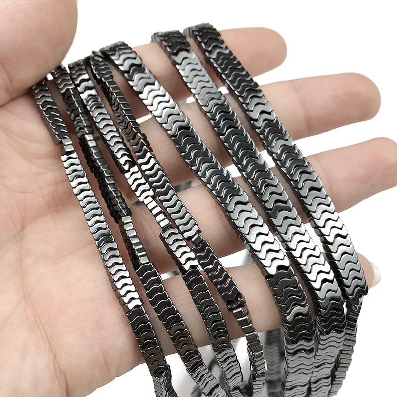 WLYeeS wave Shaped Black Hematite 4x1mm/6x2mm rectangle Natural Stone Spacer Loose beads for Jewelry Making Bracelet Necklace 15