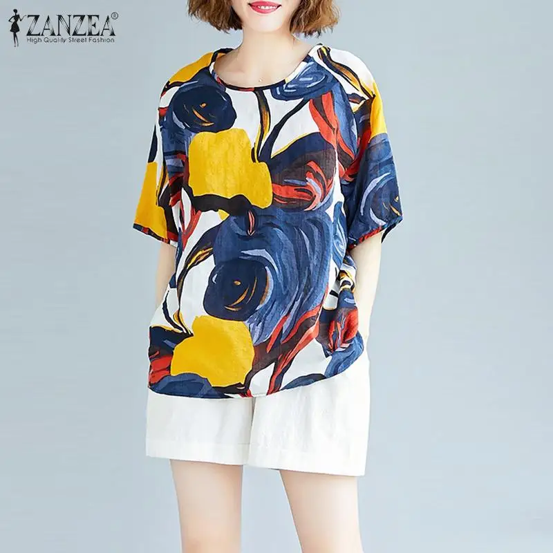 ZANZEA Summer Vintage Floral Printed Blouse Women Bohemian Half Sleeve Loose Shirt Blusas Chemise Tunic Tops Casual