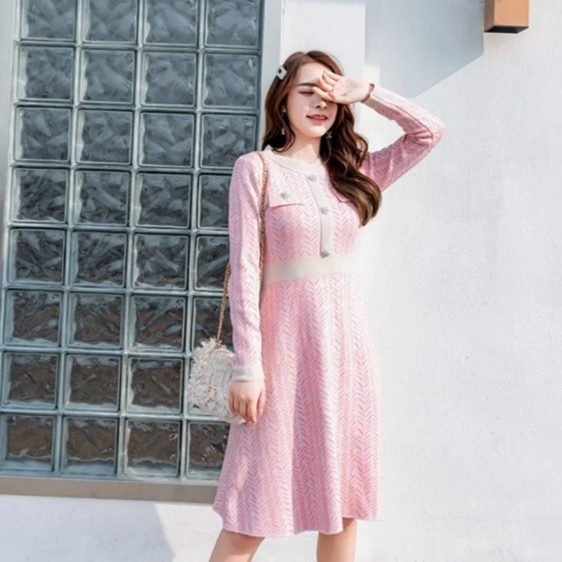 High Elegant Waist A-Line Dress Women Streetwear Spring New O-Neck Slim Knee Knitting Dress Sweet Pink Purple Dress S-L