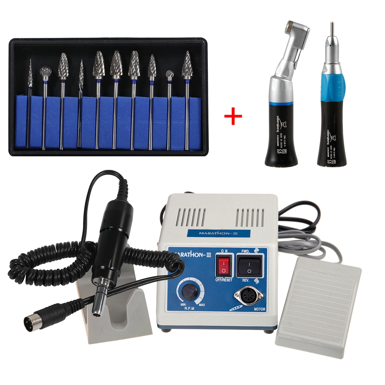 Micromotor Dental Polisher N3+Black Contra Angle & Straight Nosecone+35,000rpm Electric Micro Motor+10*HP2.35mm Polisher Burs