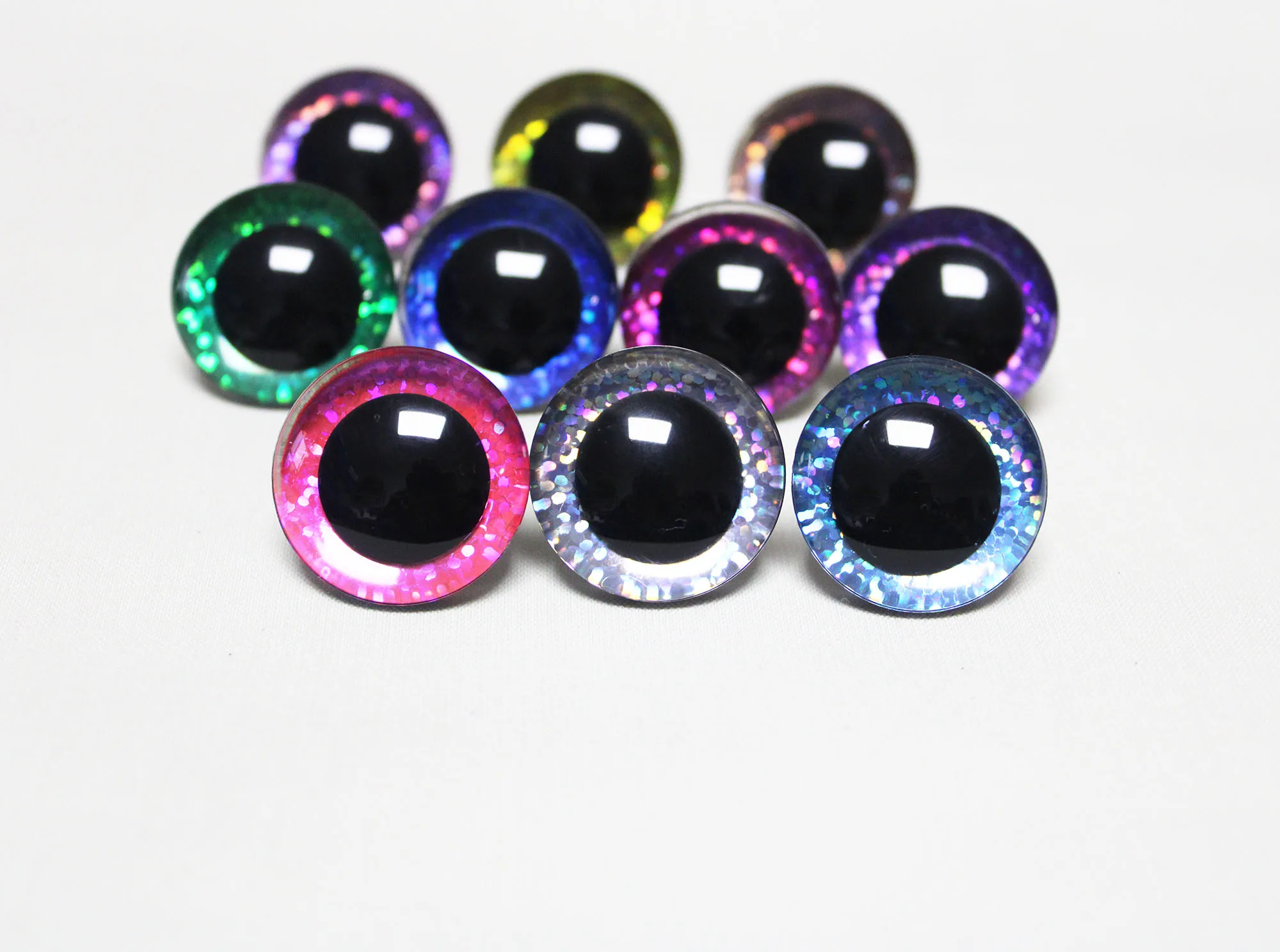10 Farben gemischte, klare, bunte Sicherheitsaugen, 25mm 30mm, 3D komische runde Glitzer-Spielzeugaugen mit harter Unterlegscheibe und Glitzer – Detail 37
