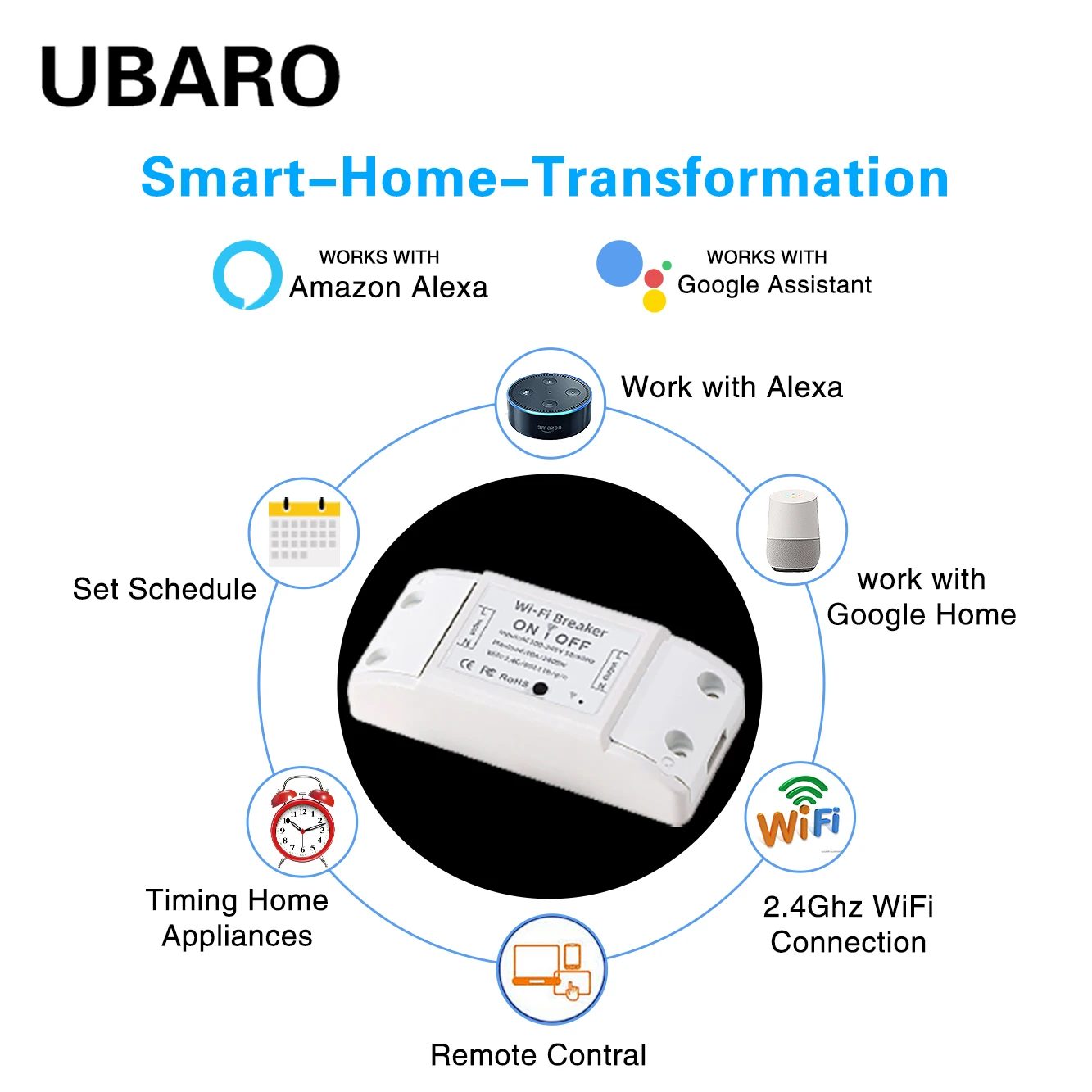 UBARO Tuya Wi-Fi Smart Home Breaker Switch App Remote Voice Support Control Google Assistant Alexa Intelligent Module Ac100-240V