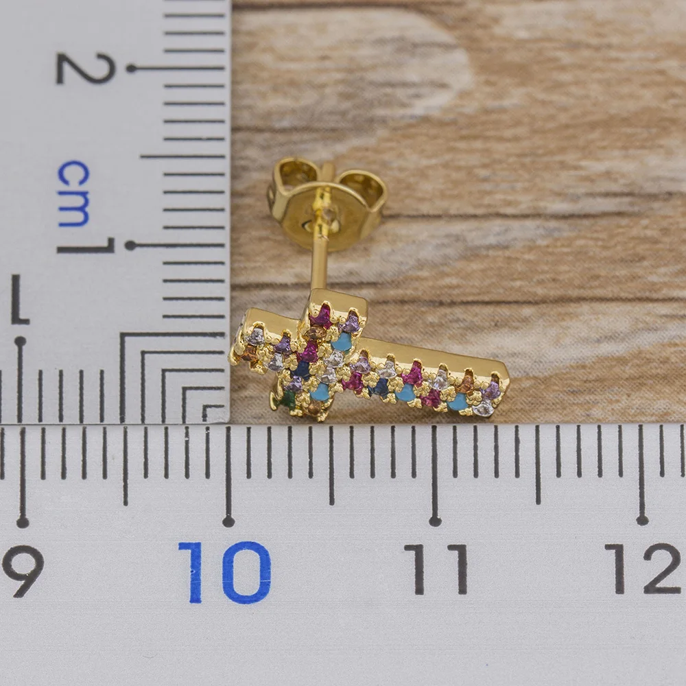 Top Quality Rainbow Cross Stud Earrings Gold Color Micro Pave CZ Delicate Fashion Women Girls Fine Party Jewelry Gift