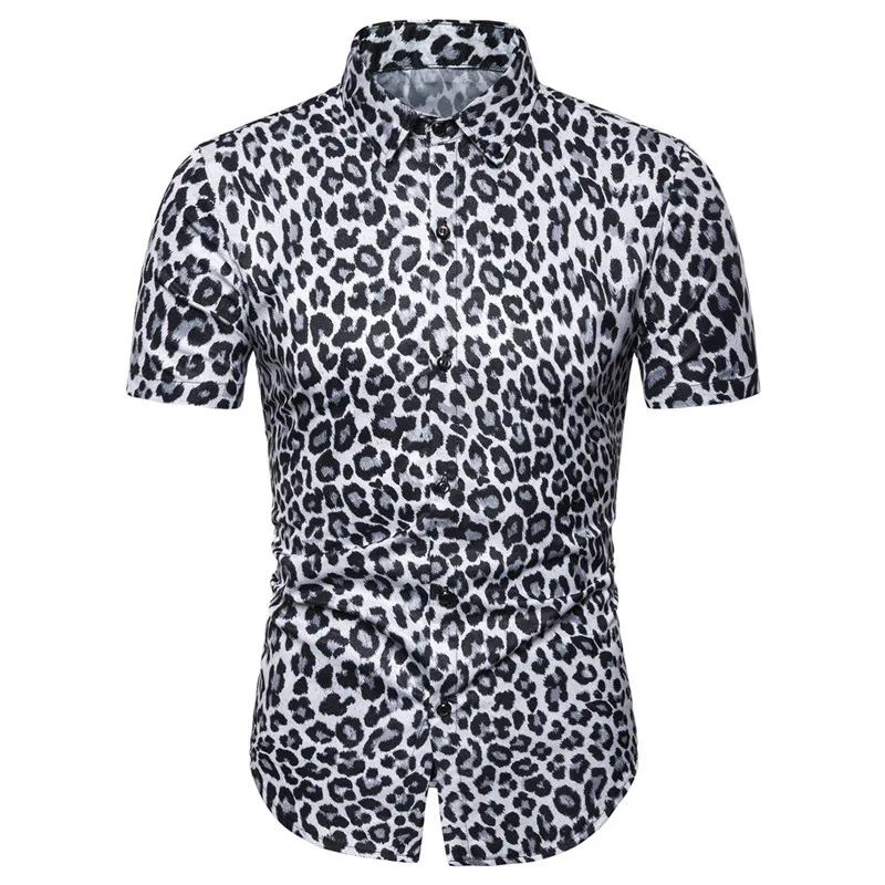 2021 Summer New Fashion Mens Leopard Printed Shirt Casual Button Shirts Men  Short Sleeve Sexy Streetwear Shirt