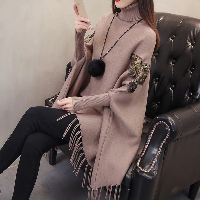 

2022 New Black Turtleneck Tassel Sweater Women Fashion Tops Korean Loose Ladies Mid-length Cloak Bat Sleeve Lady Knitted Cape