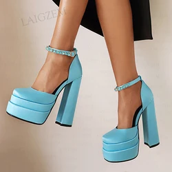 LAIGZEM Women Pumps Crystal Satin Platfrom Block High High Heels Buckle Straps Sandals Spring Summer Shoes Woman Big Size 32 43