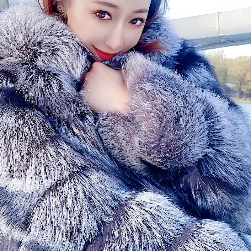 2021 New Luxury Silver Fox Fur Hooded Coats Women Winter Warm Outerwear High Quality Genuine Fox Fur Thick Fur Coat