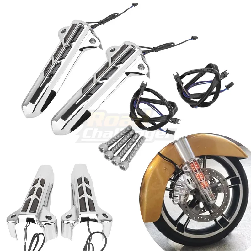 

Motorcycle Chrome Black Lower Leg Slider Covers w/ Amber LEDs For Harley 2014-2020 Road Street Electra Glide EFI Ultra Classic