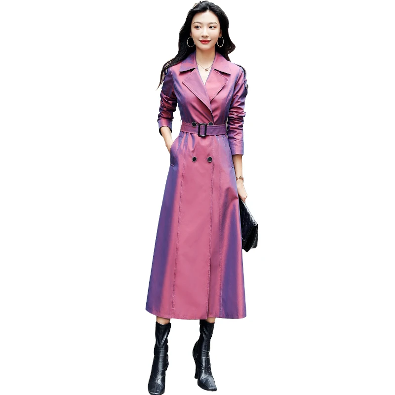 2020 New Spring Autumn Purple Long Women Trench Coat Turn Down Collar Double Breasted Fashion Elegant Female Windbreaker