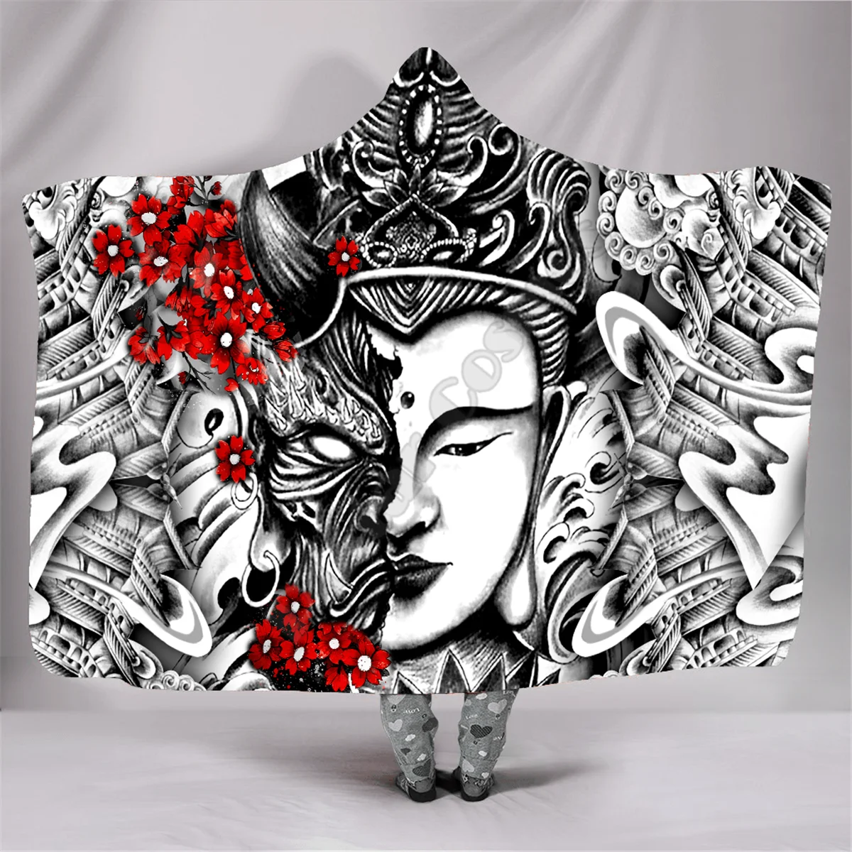 

Japanese Tattoo 3d Printed Hooded Blanket Adult Kids Sherpa Fleece Blanket Cuddle Offices Cold Weather