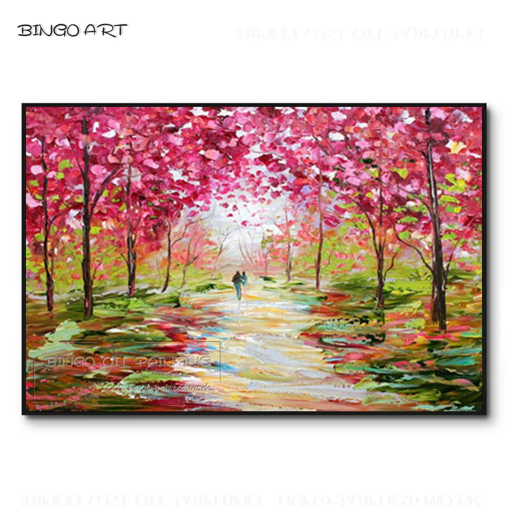 Hand-painted High Quality Abstract Thick Paints Landscape Oil Painting Rich Colors Knife Painting Pink Forest Tree Oil Painting