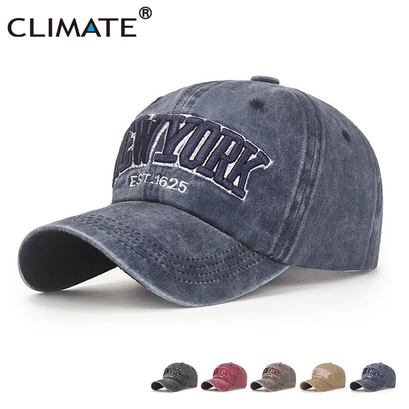 CLIMATE New York Baseball Cap Washed Retro Cool Hat Caps New York City Sport 3D Embroidery Logo Mens Cap Hat Baseball Cap Man