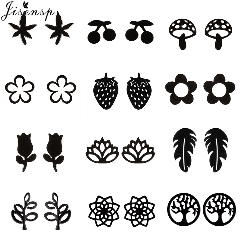 Boho Tropical Maple Leaf Earrings Black Stainless Steel Plant Jewelry for Women Flower Tree Cherry Studs Girl Individuation Gift