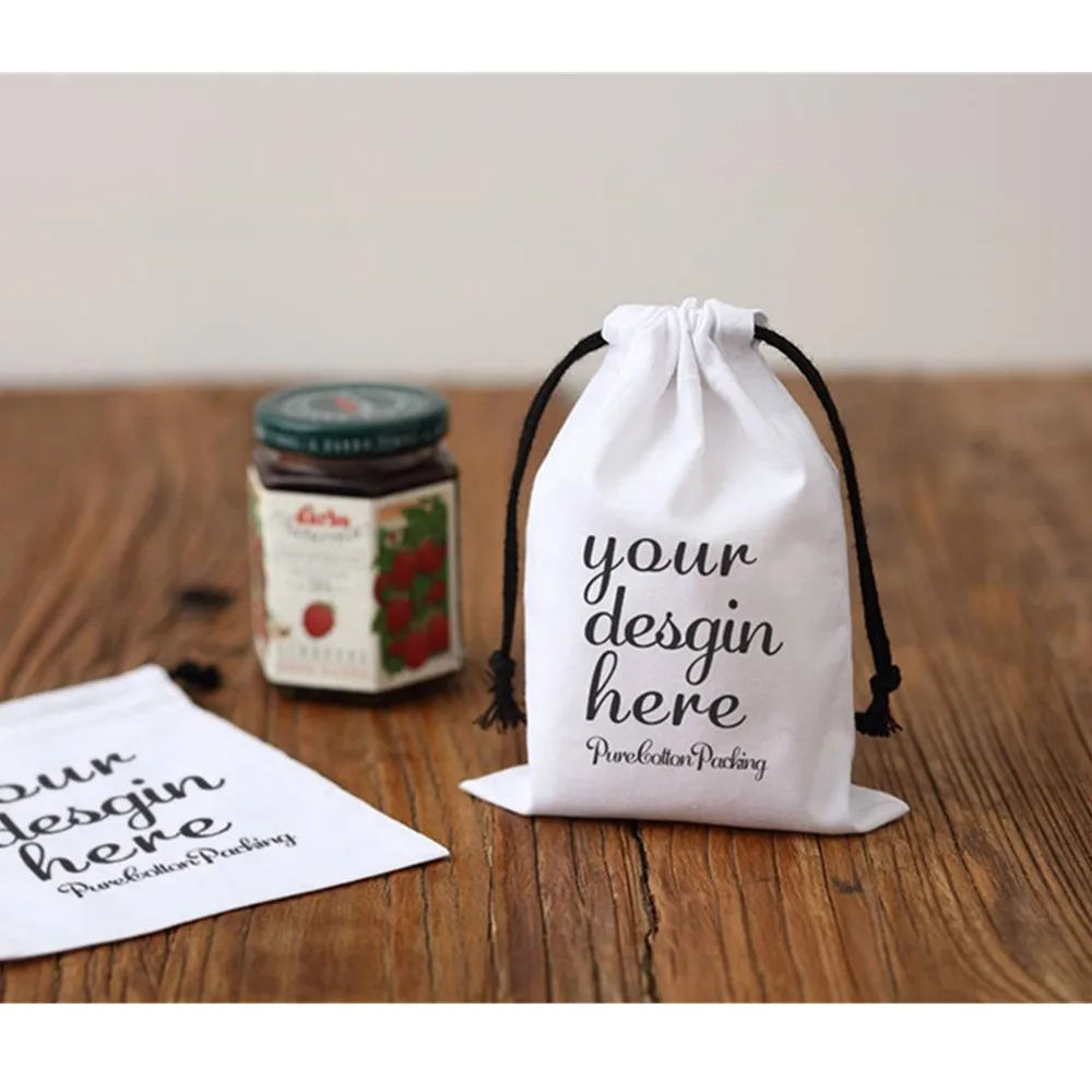 personalized 50 white bag cotton drawstring  LOGO printed gift  Custom packaging cosmetic bags wedding  jewelry package bag