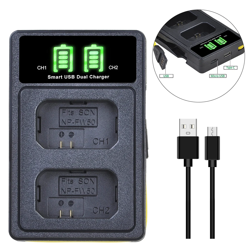 Batterie 2160mAh + double chargeur LED avec Port de Type C, pour Sony Alpha a6000 a6300 a6400 a6500 Alpha a7 a7II a7R a7RII, NP-FW50