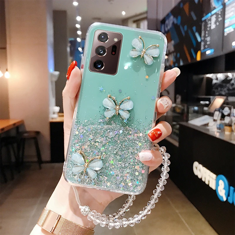 Luxury Bling Glitter Lanyard Silicone Phone Case For Samsung Galaxy S24 S23 S22 S21 S20 FE Note 20 Plus Ultra-thin Strap Cover