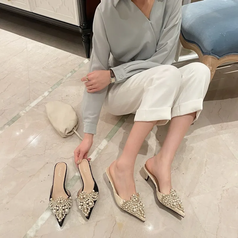 Pointed Toe Women Slippers Pearl Design Shallow Slip On Mules Shoes Thin Mid Heels Black/Beige/Brown Summer Party Slides Mules