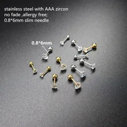 2pcs 0.8*6mm Slim Ear-Needle Stainless Steel Screw-Back Stud Earrings With 3mm 4mm 5mm AAA Zircons Round IP Plating