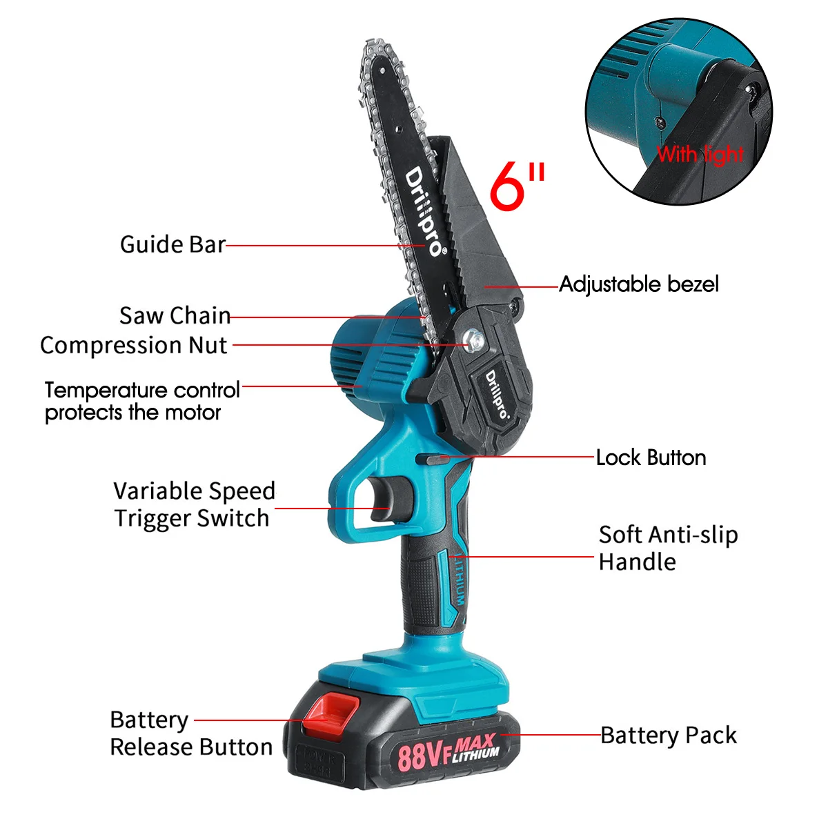 Drillpro-Sierra eléctrica inalámbrica de 6 pulgadas, motosierra de podar, para tala de árboles de jardín, herramientas eléctricas para batería Makiita de 18V