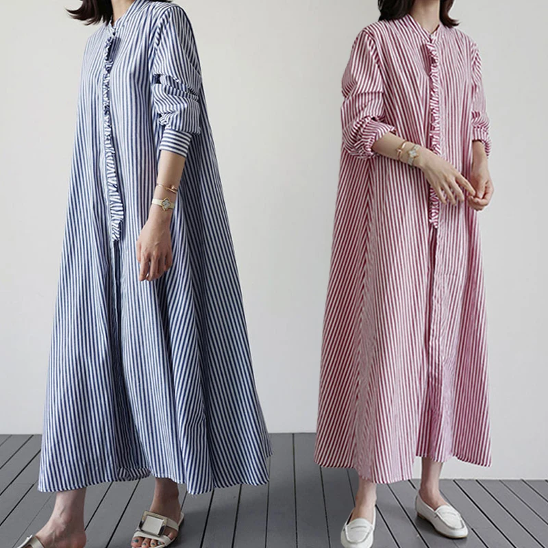 REALEFT – robe chemise longue à rayures pour femmes, à volants, manches longues, style coréen décontracté, ample, nouvelle collection printemps été 2022