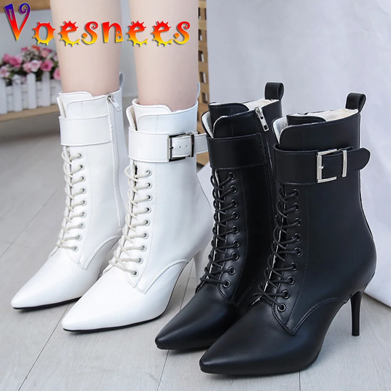 Women Shoes Thin Heel Stiletto Lace-up Boots 2021 Plus Size Pointed Toe High Heels Female Belt Buckle Side Zipper Boots