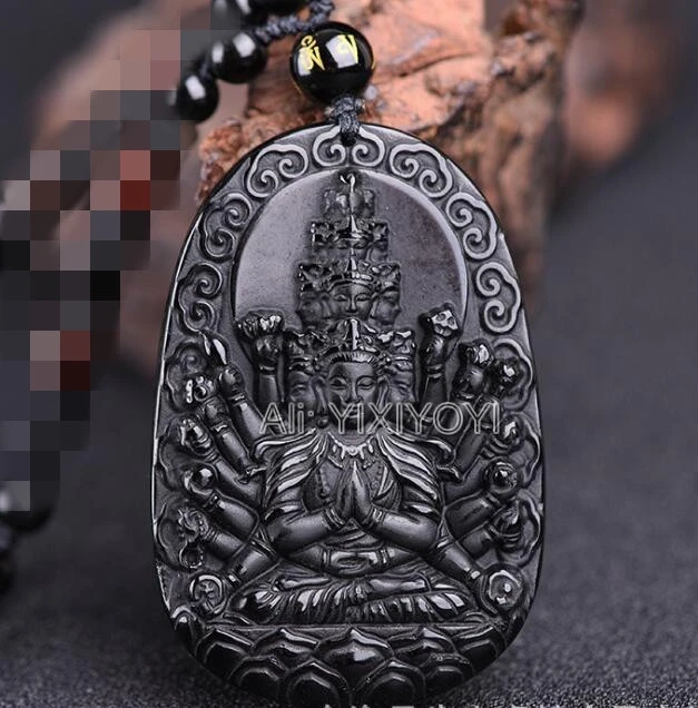 Natural Black Obsidian Handwork Chinese Buddhism Thousand-Hand guanYin Blessing Amulet Pendant + Beads Necklace Fine Jewelry