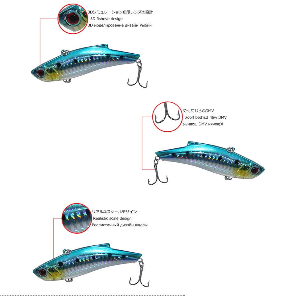 GoByGo 1PCS 9cm Winter VIB Fishing Lure 28g Hard Bait Inside Ice Sea Fishing Tackle Diving Swivel Jig Metal Wobbler Lure