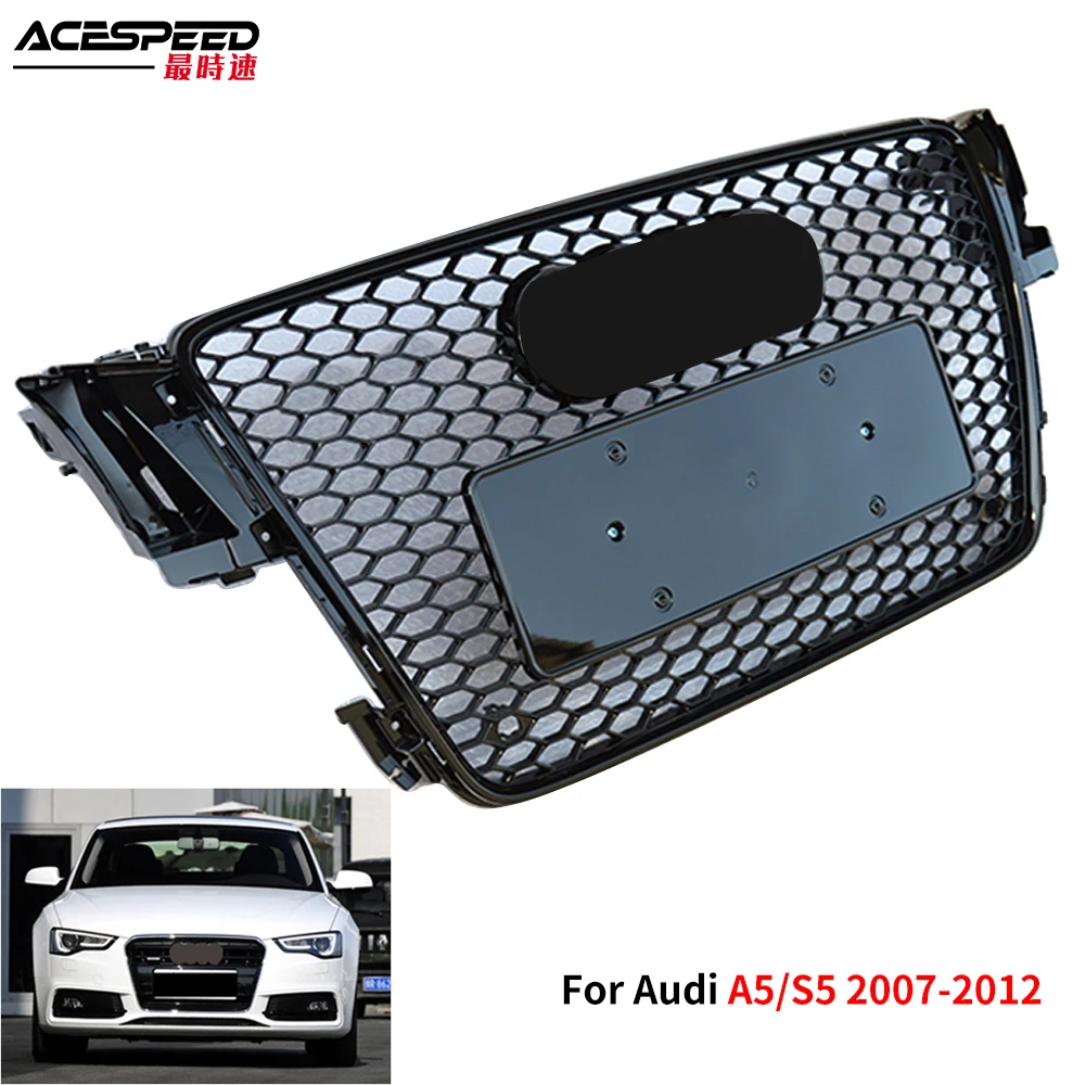 Hex Mesh Racing Grille  For RS5 Style Grill Front Bumper Hood Cover For Audi A5 S5 B8 2007-2012 Pre-Facelift ABS Glossy Black