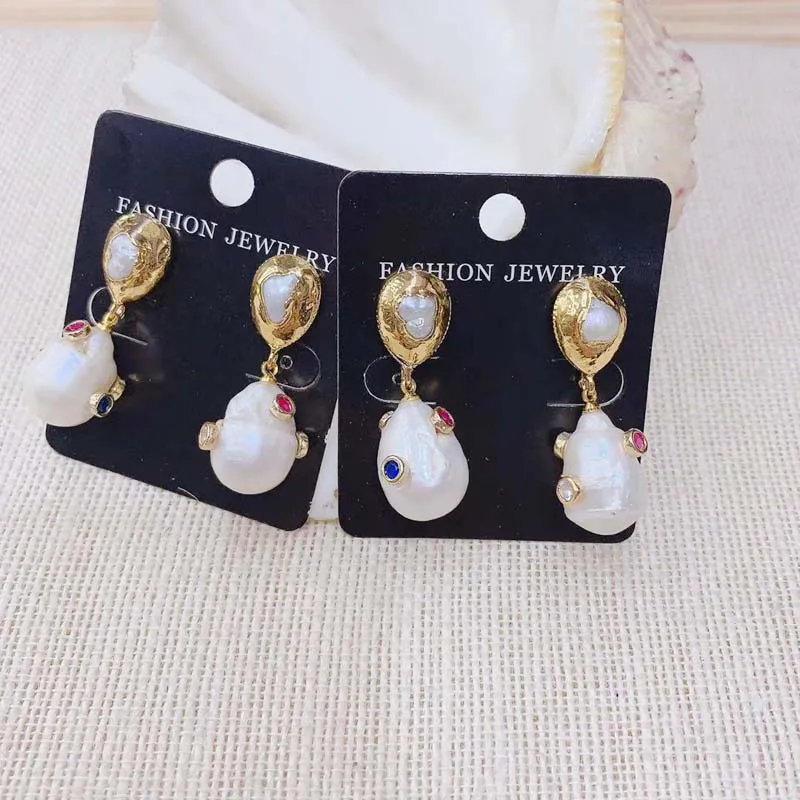 

baroqu Pearl Earring Natural Freshwater Rhinestone pearl Charm Top Drop of water Pearl Earring 3pairs 24K Plate