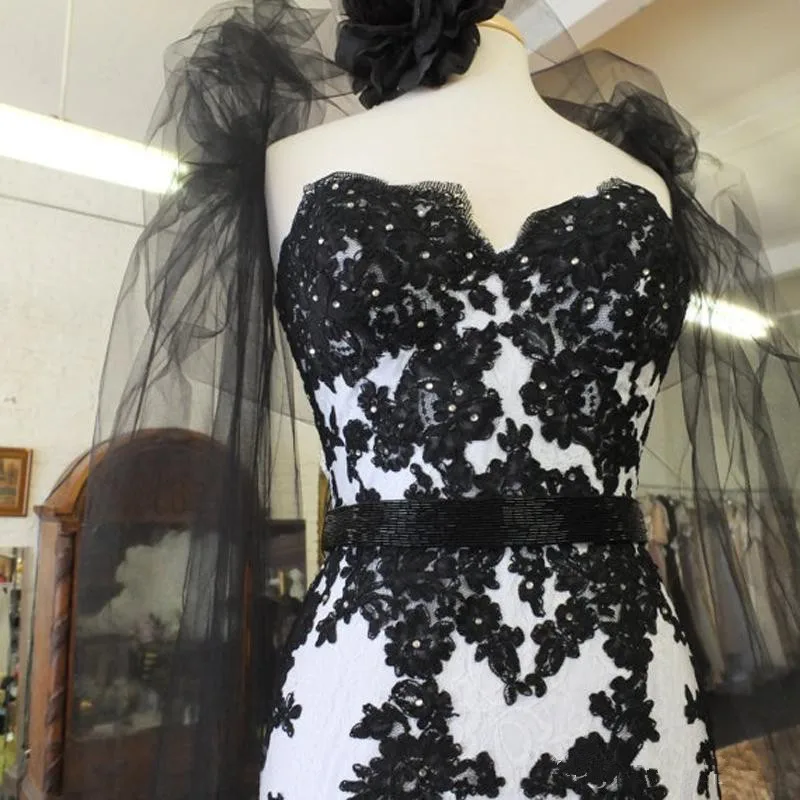 Impresionante vestido de novia blanco y negro, vestidos de novia de sirena de encaje Floral 2020 con apliques, tren de barrido, vestidos de novia