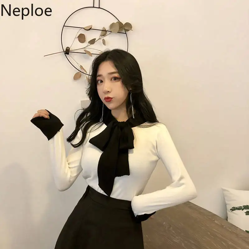 Neploe 2023ฤดูใบไม้ผลิเกาหลีผู้หญิง Slim เสื้อกันหนาวฤดูหนาวเสื้อผ้าถักลูกไม้แขนยาว Elegant เสื้อสตรี90400