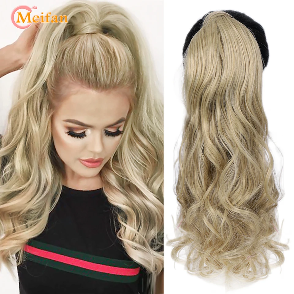 MEIFAN Synthetic Straight Curly Clip In Hair Ponytail Extensions Natural False Hair Ombre Ponytail Hairpiece With Hairpins Hair