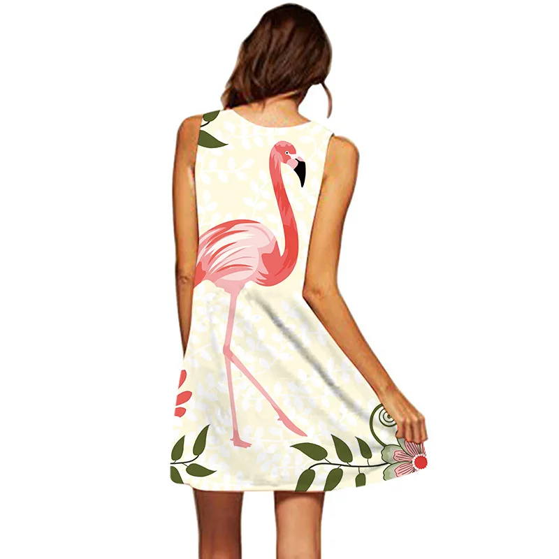 Flamingo 3D Digital Printing O-Neck Slim Mini Dress Casual Beach Holiday Women Dress Elegant Lady Wear