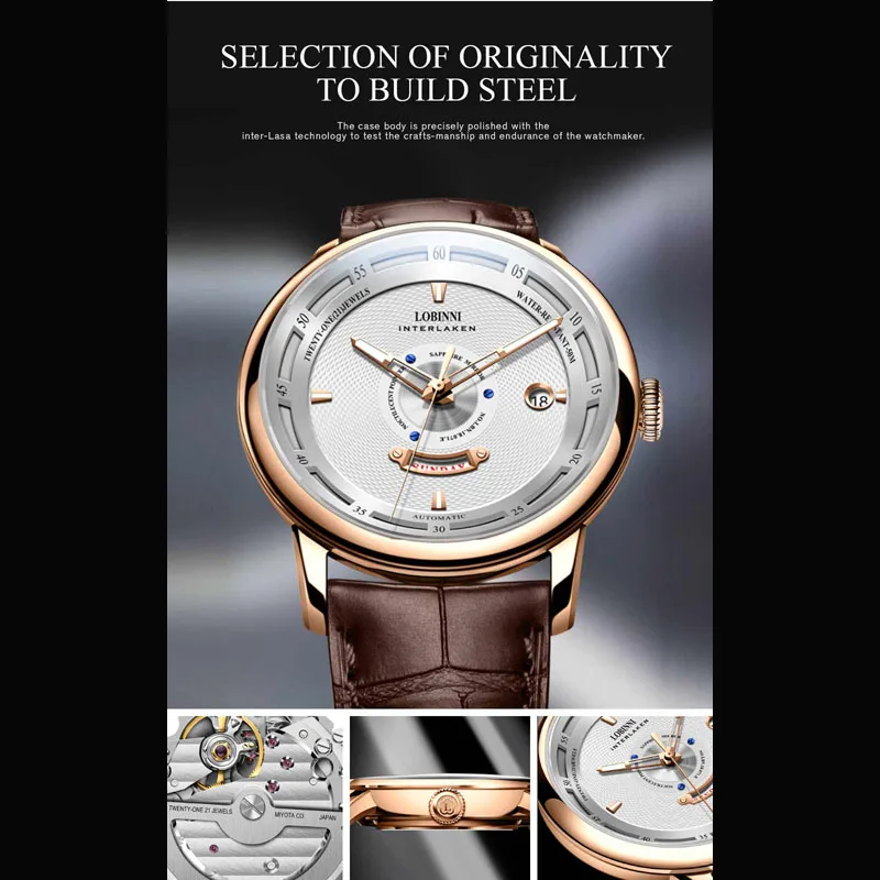 Reloj Mecánico LOBINNI de marca de lujo para hombre, reloj de pulsera automático resistente al agua con cristal de zafiro a la moda para hombre, reloj de pulsera con indicador de fecha y semana