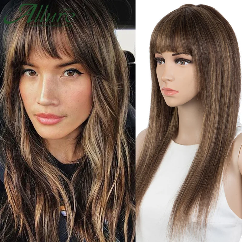 Ombre Brown Blonde Highlights Straight Human Hair Wigs With Bangs 613 Piano Brown Glueless Colored Hair Wigs For Women Allure