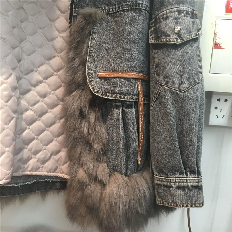 Denim parka for women mid-length patchwork fur coat real fox fur collar fur jacket 2023 new winter outerwear hipster streetwear