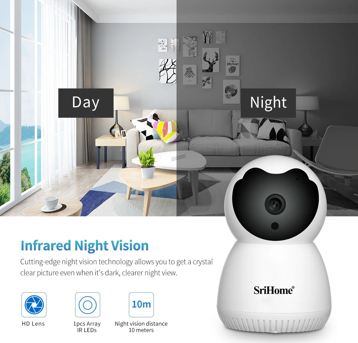 Srihome-SH036 3.0MP 와이파이 IP 카메라, 360 ° 모바일 원격뷰 CCTV 카메라, 스마트 홈 나이트 비전 비디오 감시 베이비 모니터