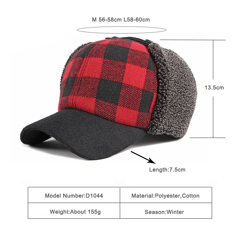 Winter Bomber Hats Men Thicken Russian Trapper Hat Earflap Baseball cap Red Black Plaid Windproof Bomber Hat For Women