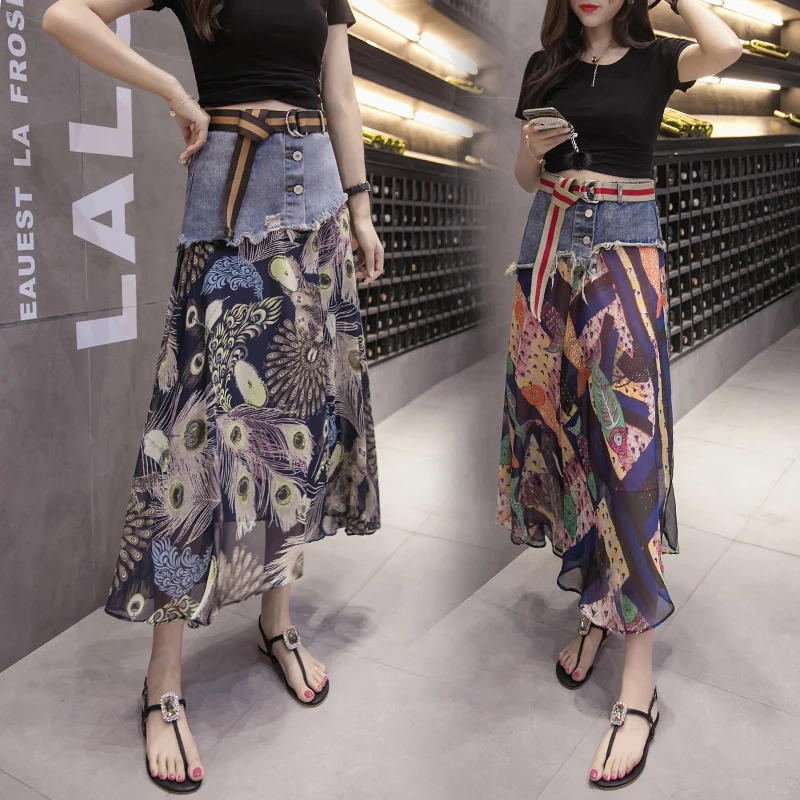 TingYiLi Belted Floral Chiffon Patchwork Denim Skirts Women Spring Summer Holiday Beach Boho Skirt Korean High Waist Long Skirt