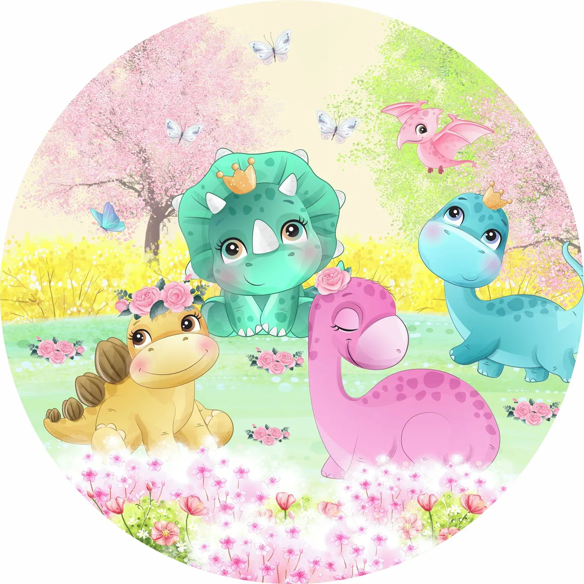 

Мультяшный ребенок динозавр вечерние круглый фон крышка цветок Новорожденный ребенок душ Девочка День Рождения Круглый фон баннер