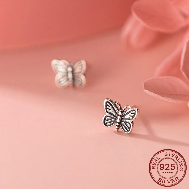 

Charming Women Gift Stud Earrings 925 Sterling Silver insect Earrings Retro Thai Silver Butterfly Earrings Push-Back Style 2020