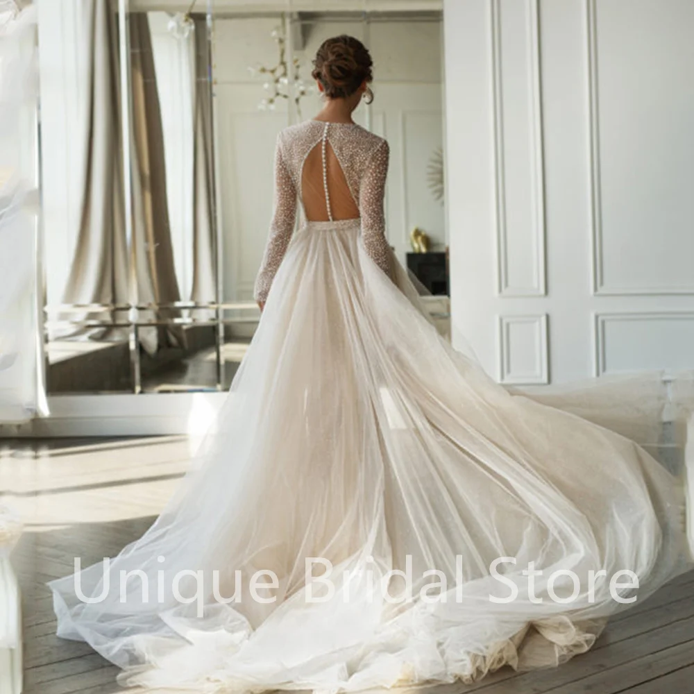 Romantic Mermaid Wedding Dresse V-Neck  Long Sleeve Backless Button Detachable Train Bridal Gowns 2021 Vestidos De Noivas