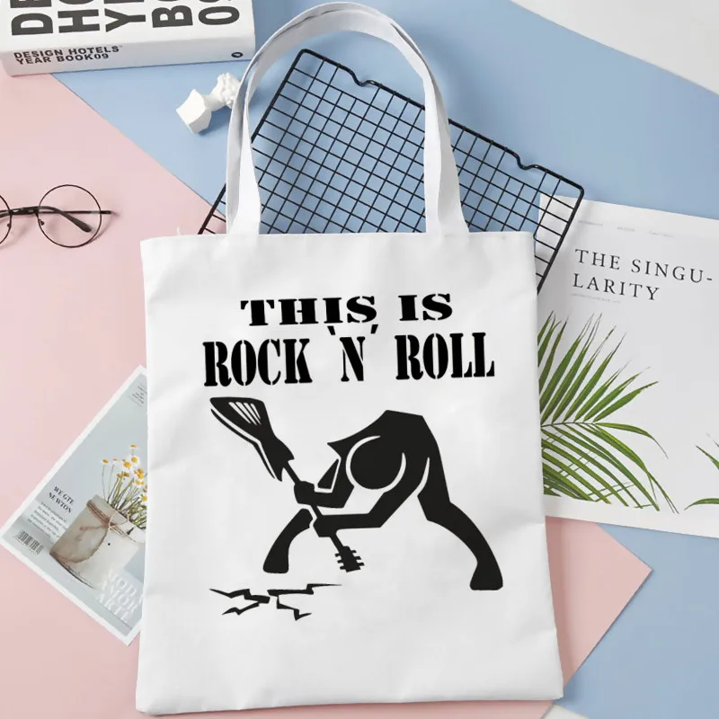 Rock N Roll Graphic Print Shopping Bag Tote Bags Shoulder Bag Canvas Bags Large Capacity College Handbag,Drop Shipping