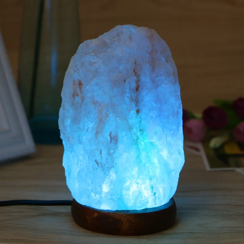 USB Salt Lamp Natural Hand Carved Wooden Base Crystal Rock Colors Changing Night Light